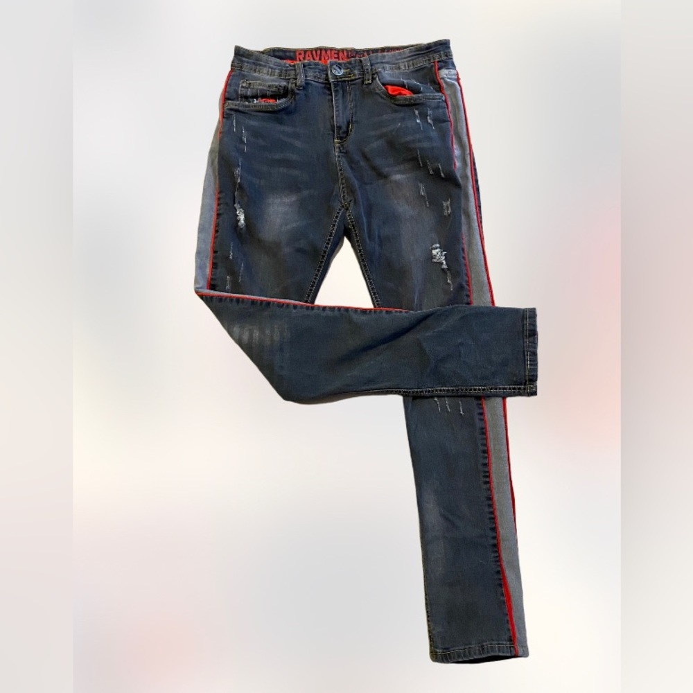 Ravmen black label Moto biker side stripe dark wash denim jeans mens 32